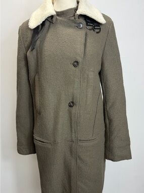 Armani Exchange Olive Green Wool Coat with Cream Shearling Collar